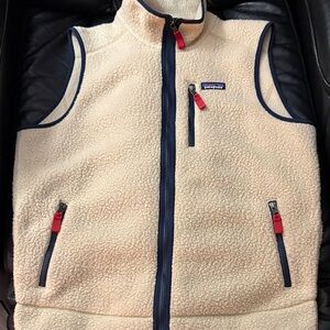 Patagonia Cream Fleece Vest with Navy and Red Details